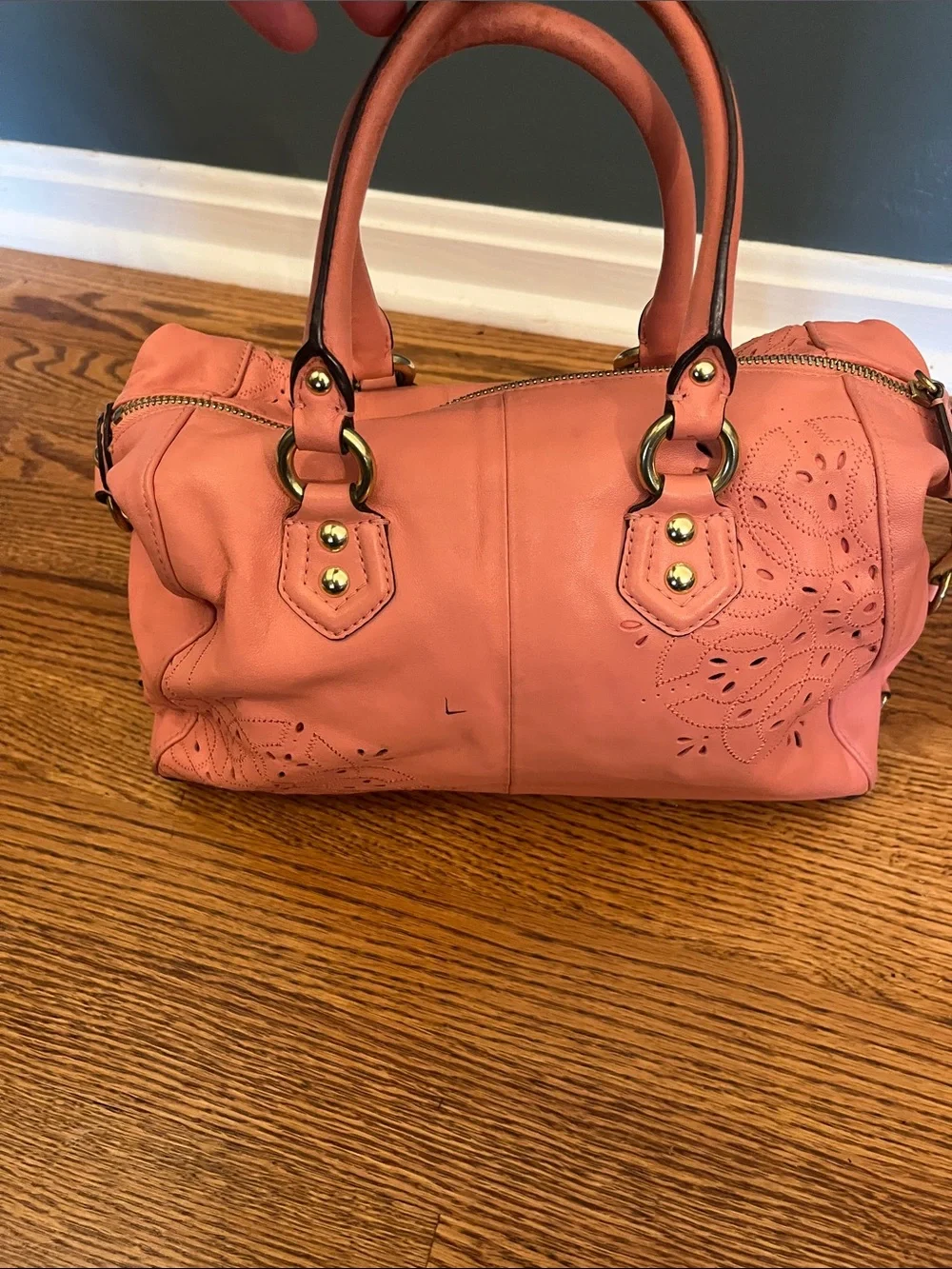 Coach Coral Pink Leather Satchel with Laser-Cut Floral Design F22488